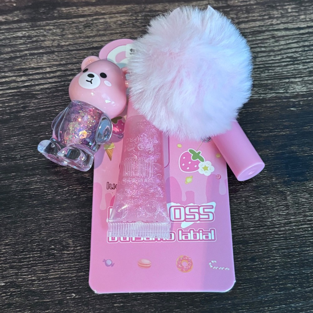 Pink Bear Lip Gloss Balm Set Pom Pom Keychain Y2K Kawaii Glitter Accessory